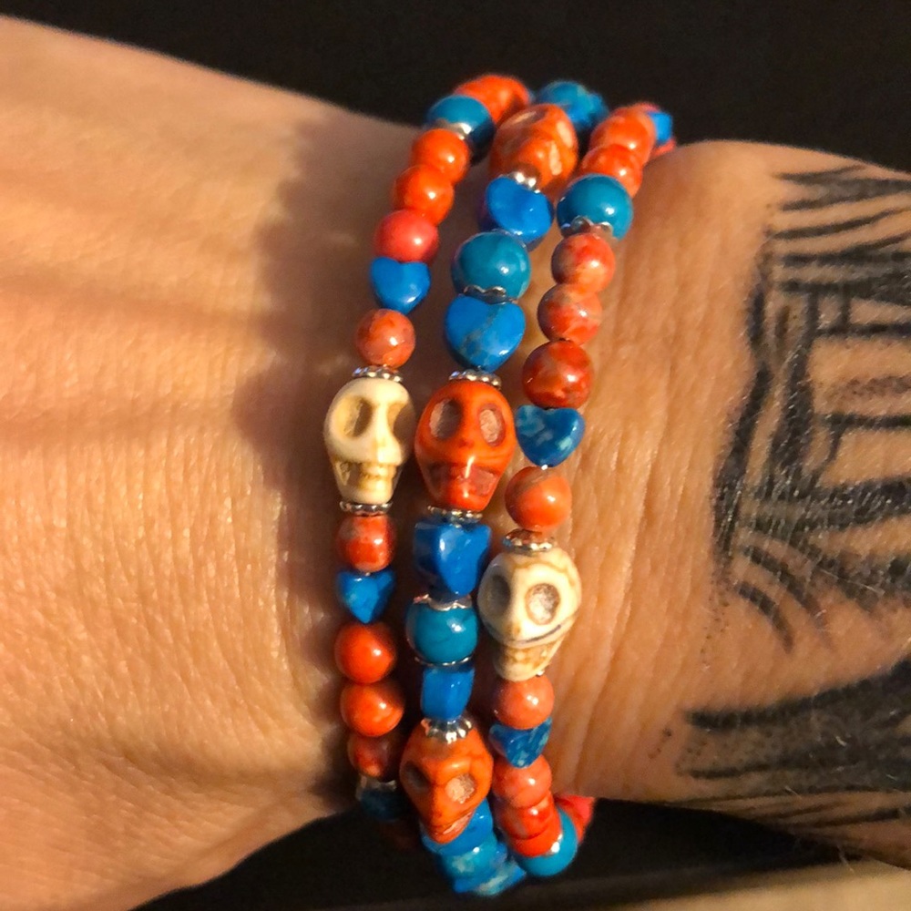 orange & blue howlite skull bracelet